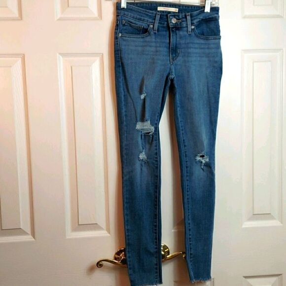 Levi's 711 Skinny Distressed Raw Hem Jeans Sz 24 - Picture 2 of 6